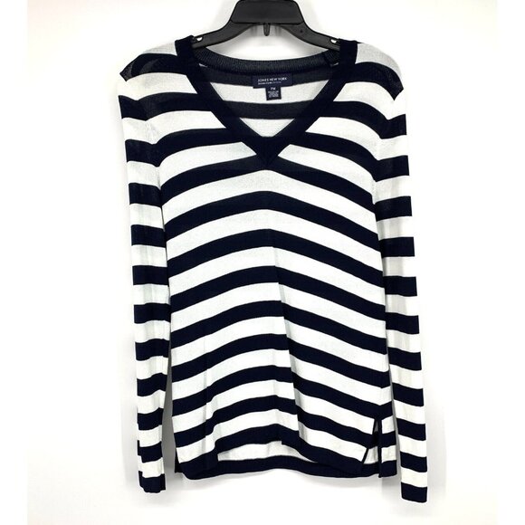 Jones New York Knit Top Blue White Stripe VNeck Long Sleeve - Picture 1 of 7